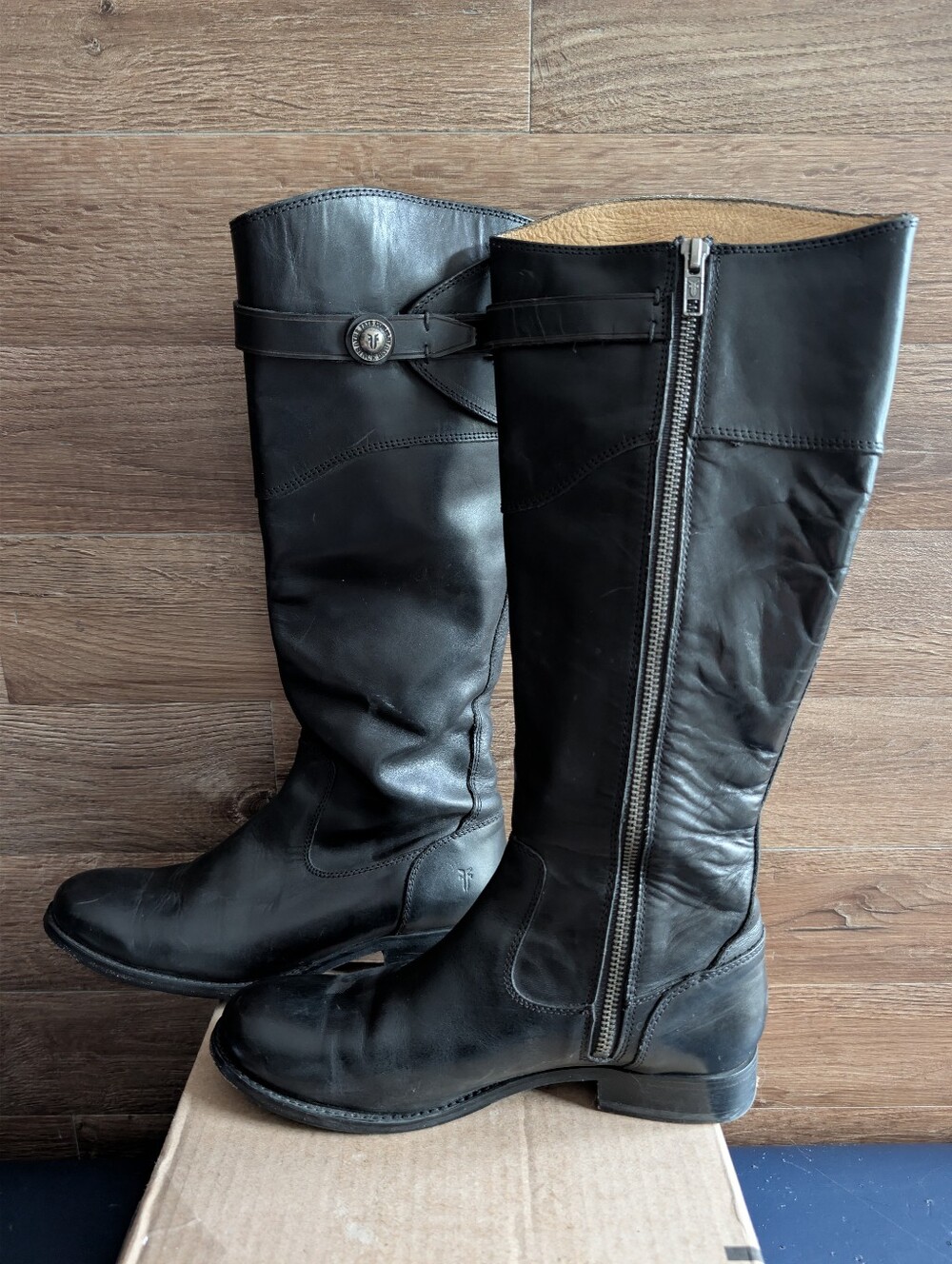 Frye Black Leather Knee-High Riding Boots with Side Zip